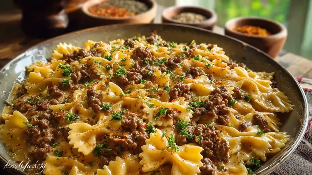 Cajun Cream Cheese Alfredo Bowties with Spiced Ground Beef