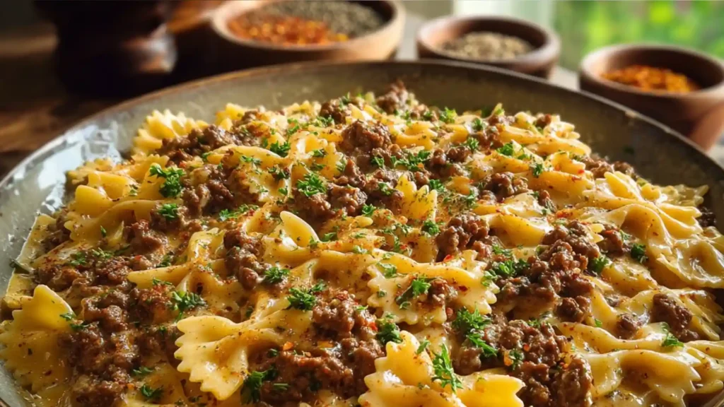 Cajun Cream Cheese Alfredo Bowties with Spiced Ground Beef