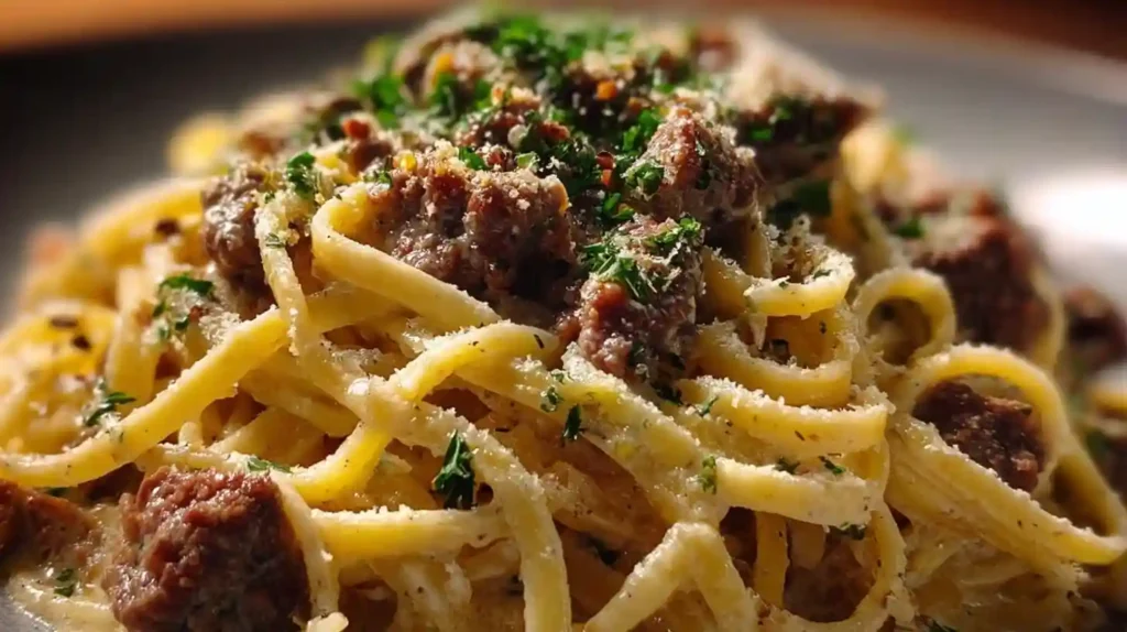 Creamy Parmesan Beef Linguine with Garlic Butter Sauce