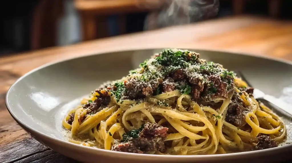 Creamy Parmesan Beef Linguine with Garlic Butter Sauce