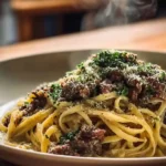 Creamy Parmesan Beef Linguine with Garlic Butter Sauce